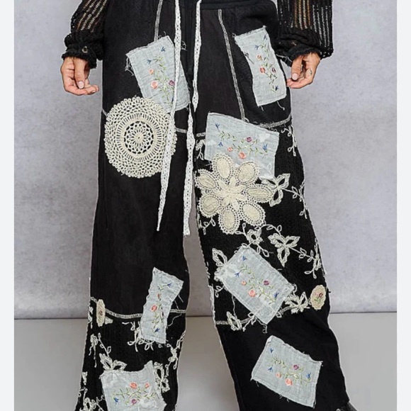 POL Pants - NWOT POL black patchwork relaxed cotton wide-leg pants /crochet and embroidered